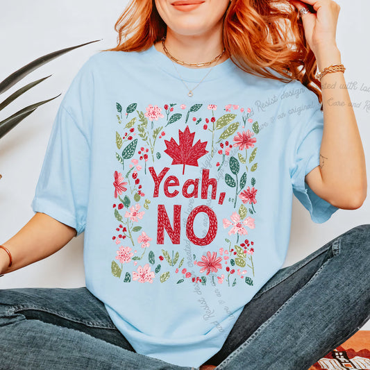 Yeah, No Care & Resist progressive t-shirt in Chambray