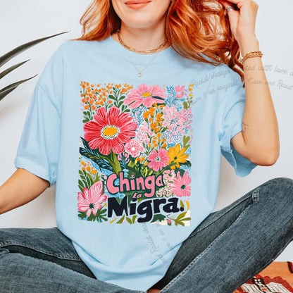 Chinga La Migra Care & Resist progressive t-shirt in Chambray
