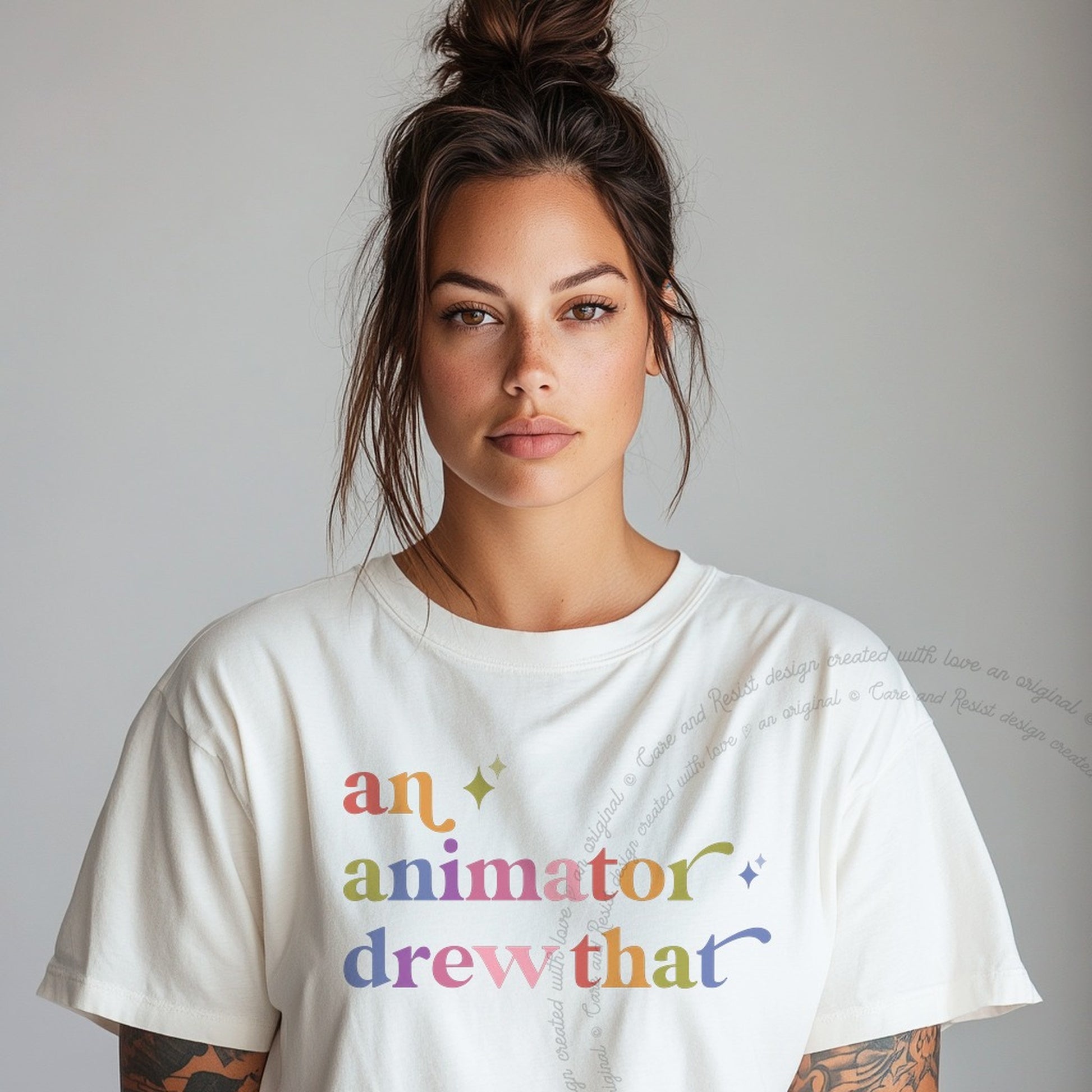 An Animator Drew That Care & Resist rainbow tee