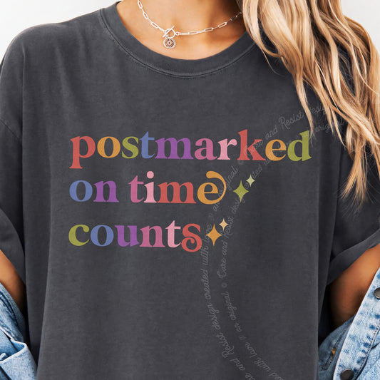 Postmarked on Time Counts Care & Resist progressive t-shirt in Graphite
