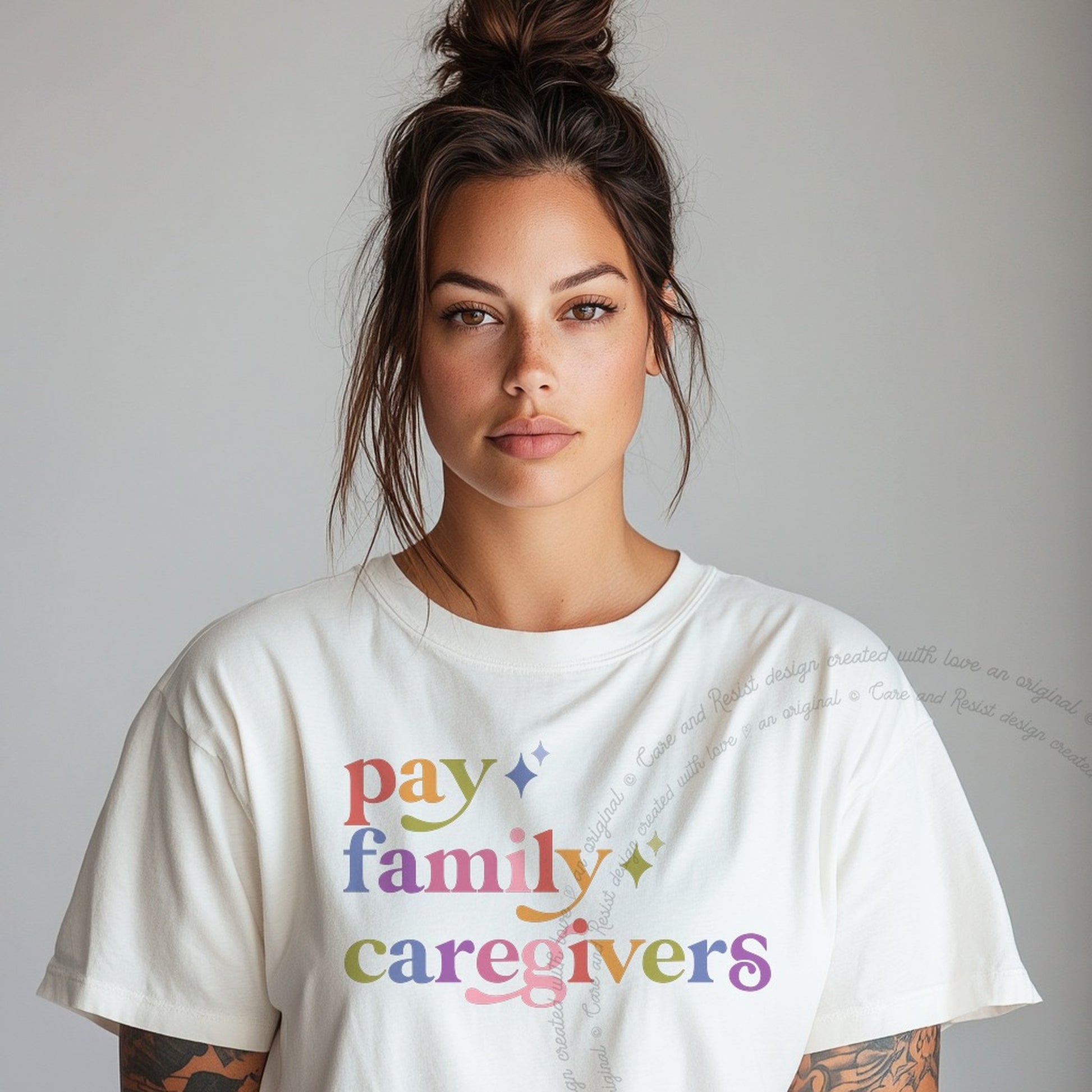 Pay Family Caregivers Care & Resist rainbow Comfort Colors tee, White