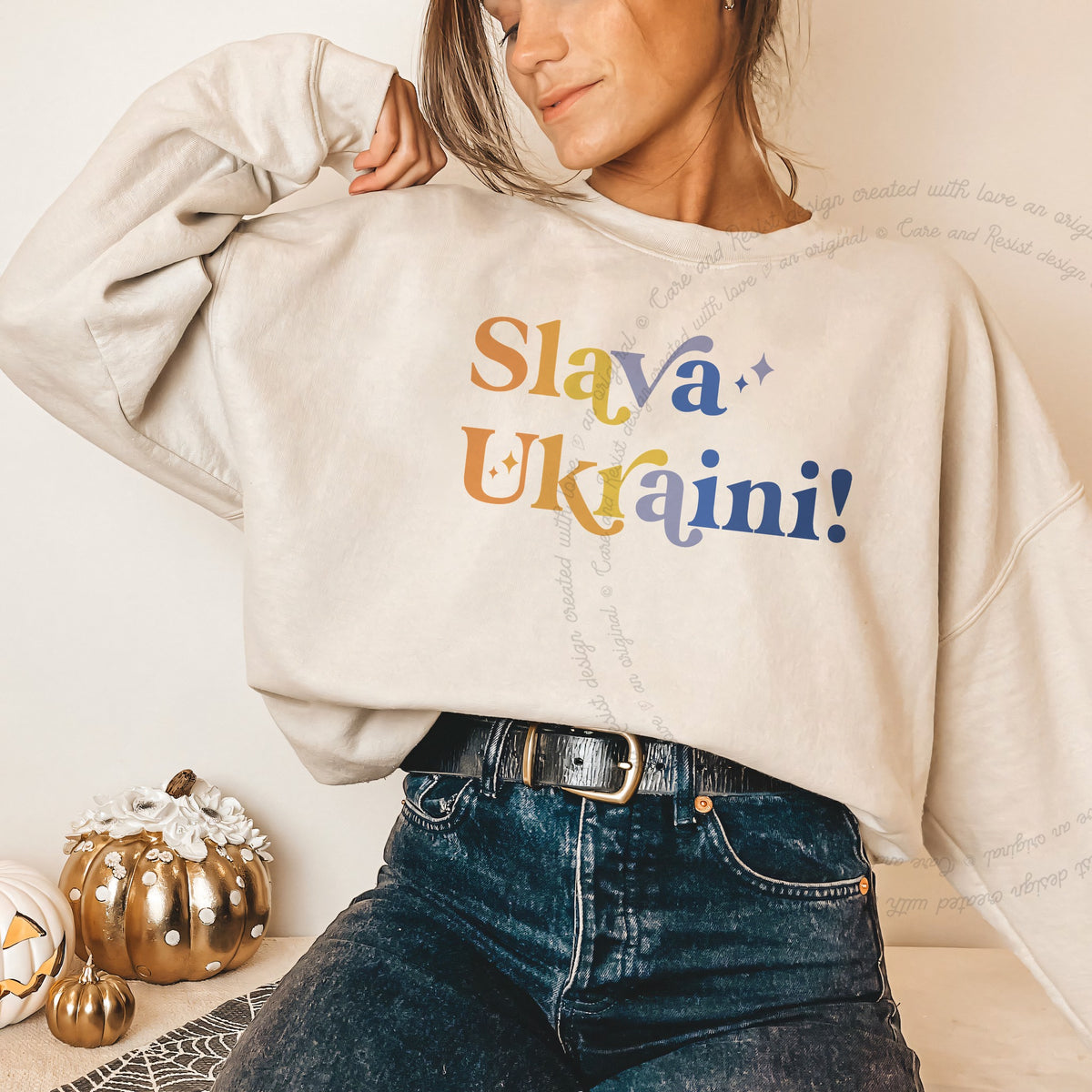 Slava Ukraini Care & Resist Gildan crewneck sweatshirt in Sand
