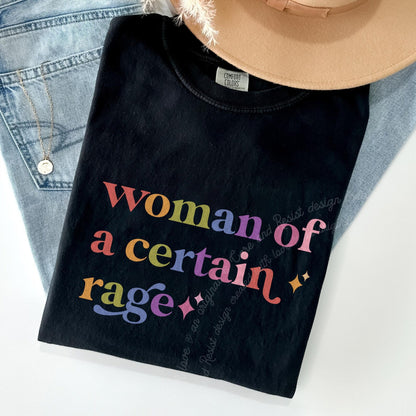 Woman of a Certain Rage Care & Resist rainbow Comfort Colors tee, Black