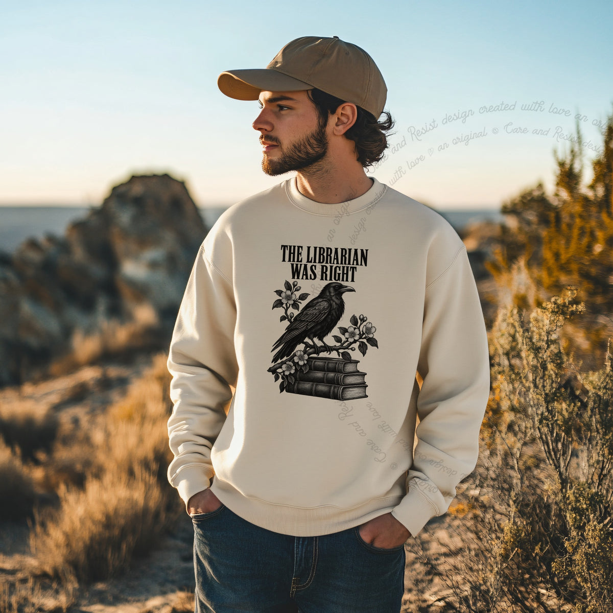 The Librarian Was Right Raven Care & Resist Gildan crewneck sweatshirt in Sand