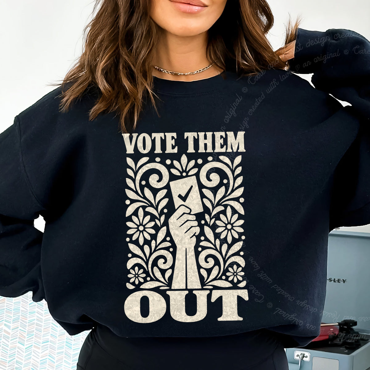 Vote Them Out Ballot Linocut Care & Resist Gildan crewneck sweatshirt in Black
