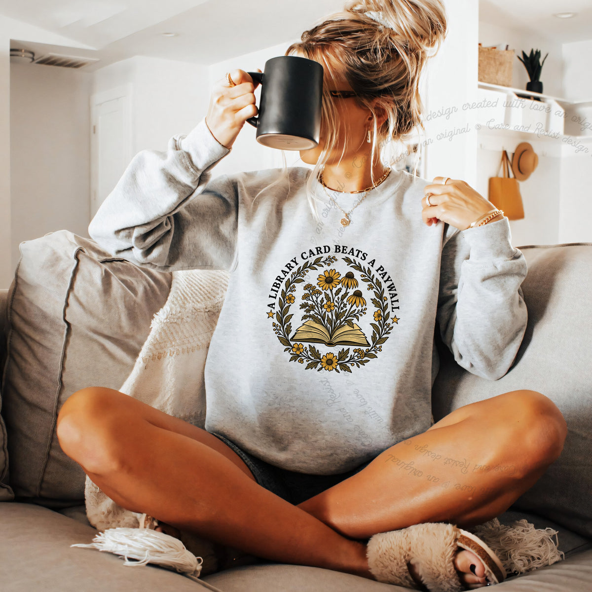 A Library Card Beats a Paywall Badge Care & Resist Gildan crewneck sweatshirt in Sport Grey