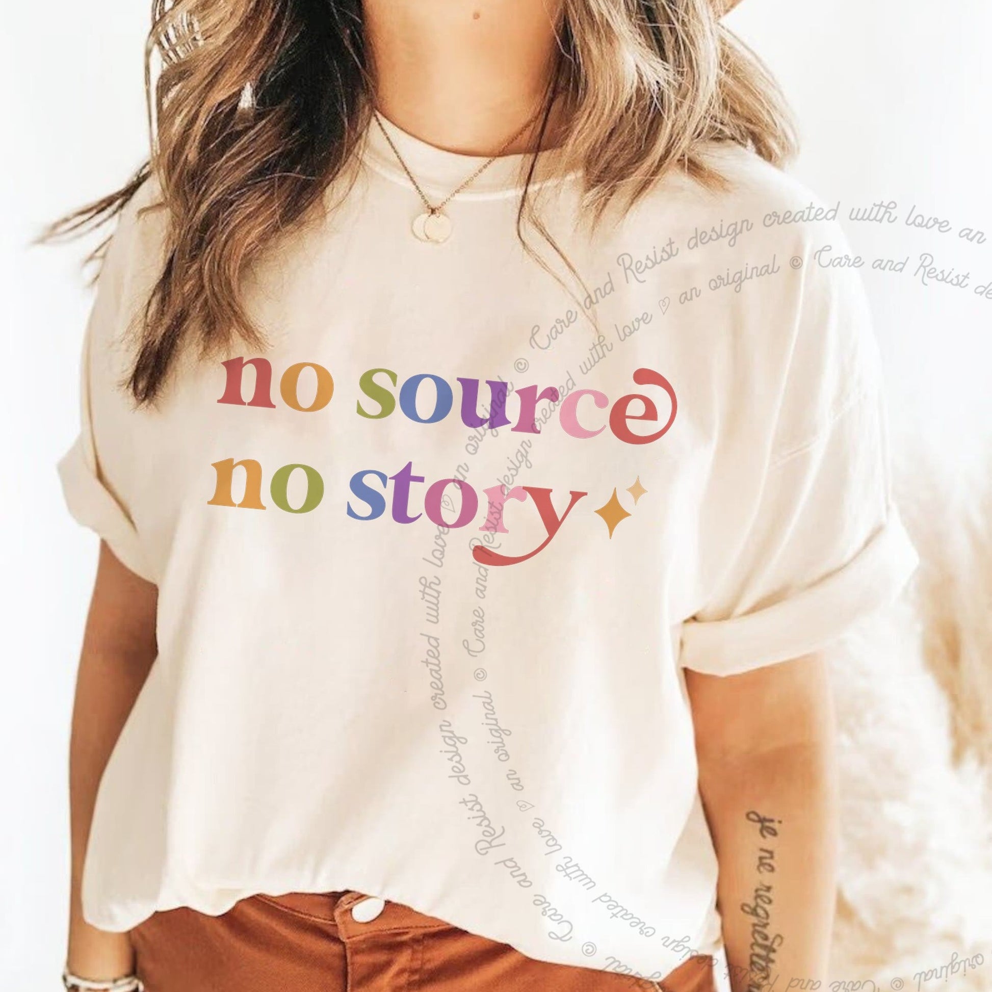 No Source No Story Care & Resist rainbow Comfort Colors tee, Ivory