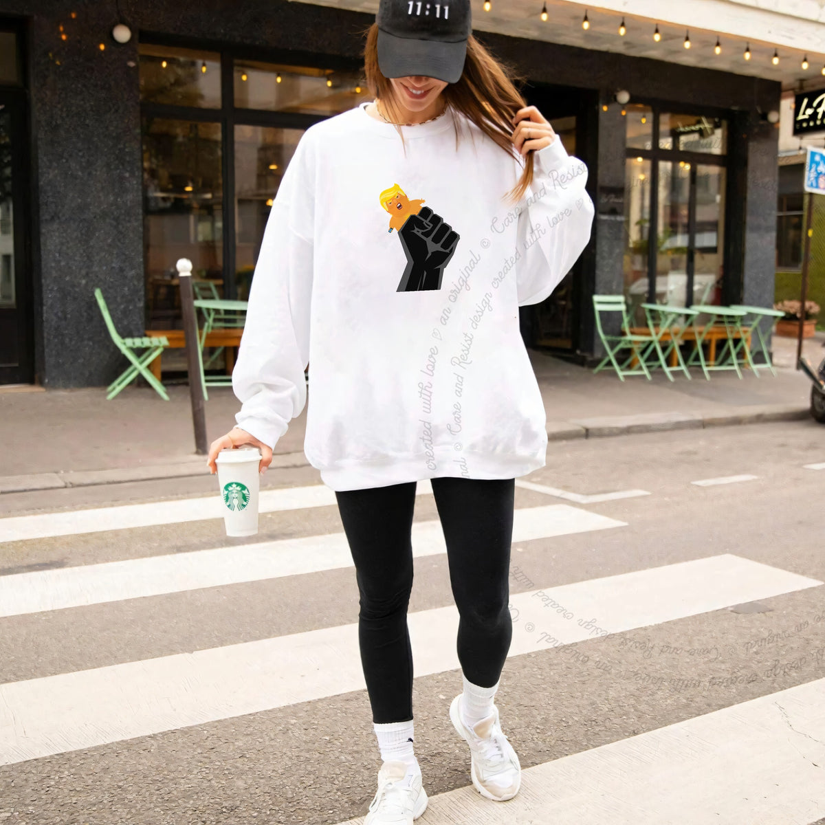 Resist Fist and Trump Blimp Care & Resist Gildan crewneck sweatshirt in White