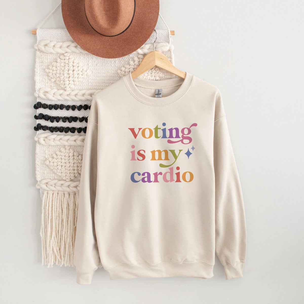Voting is My Cardio Care & Resist Gildan crewneck sweatshirt in Sand
