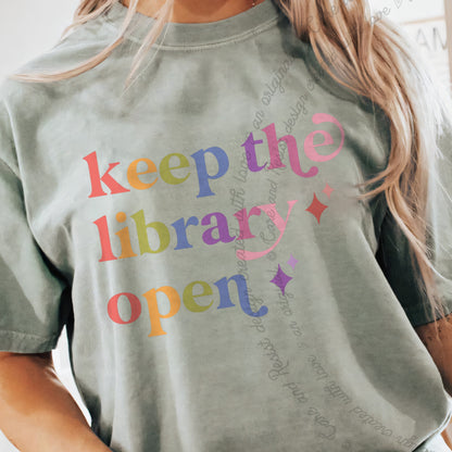 Keep the Library Open Care & Resist progressive t-shirt in Bay