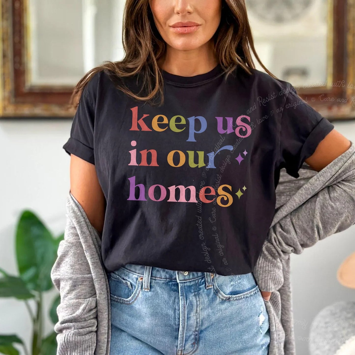 Keep Us in Our Homes Care & Resist rainbow Comfort Colors tee, Black
