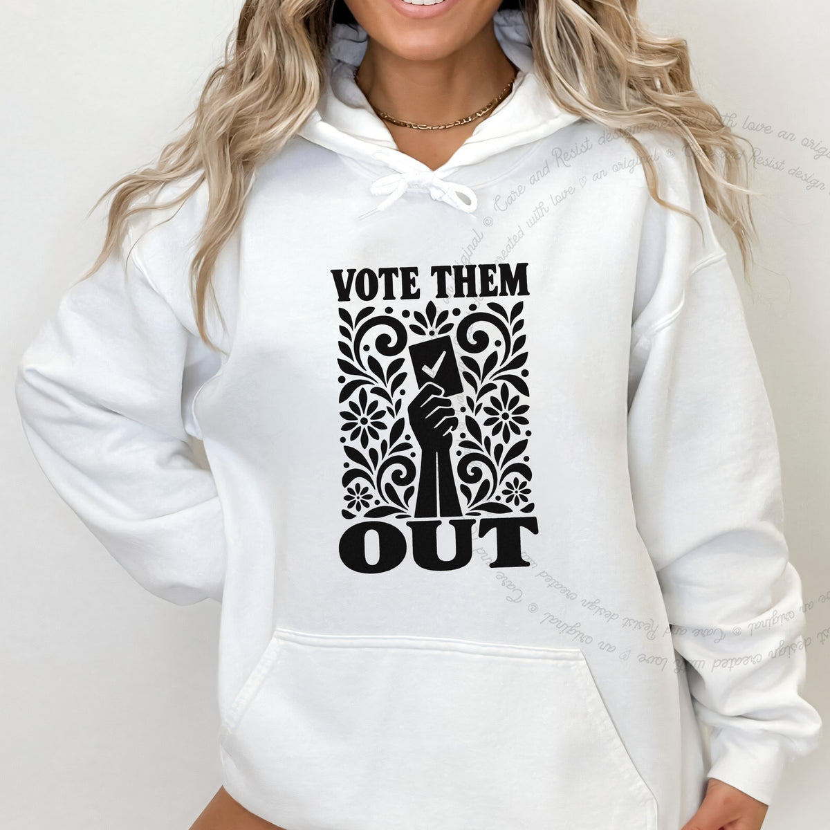 Vote Them Out Ballot Stencil Care & Resist Gildan hoodie in White