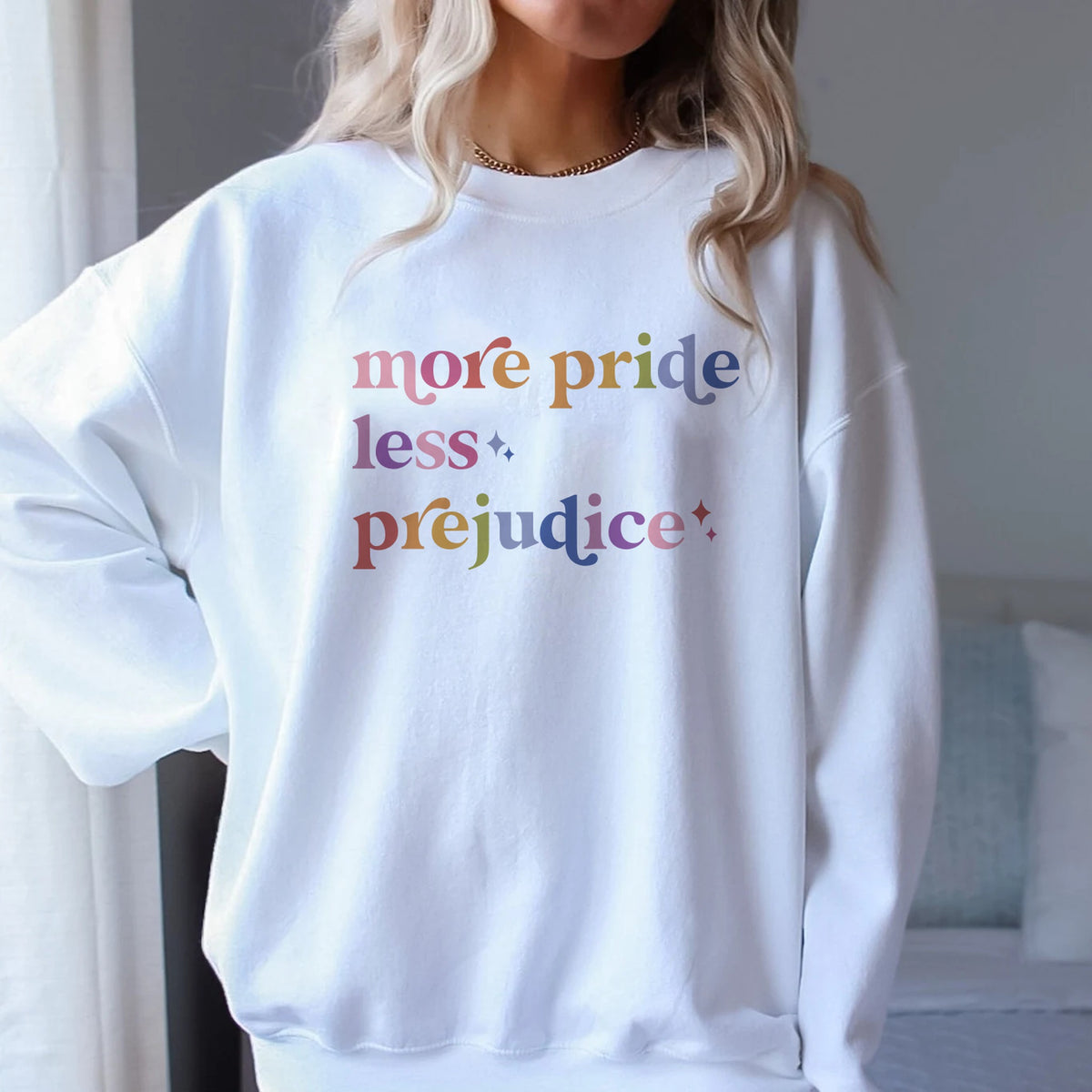 More Pride Less Prejudice Care & Resist Gildan crewneck sweatshirt in White