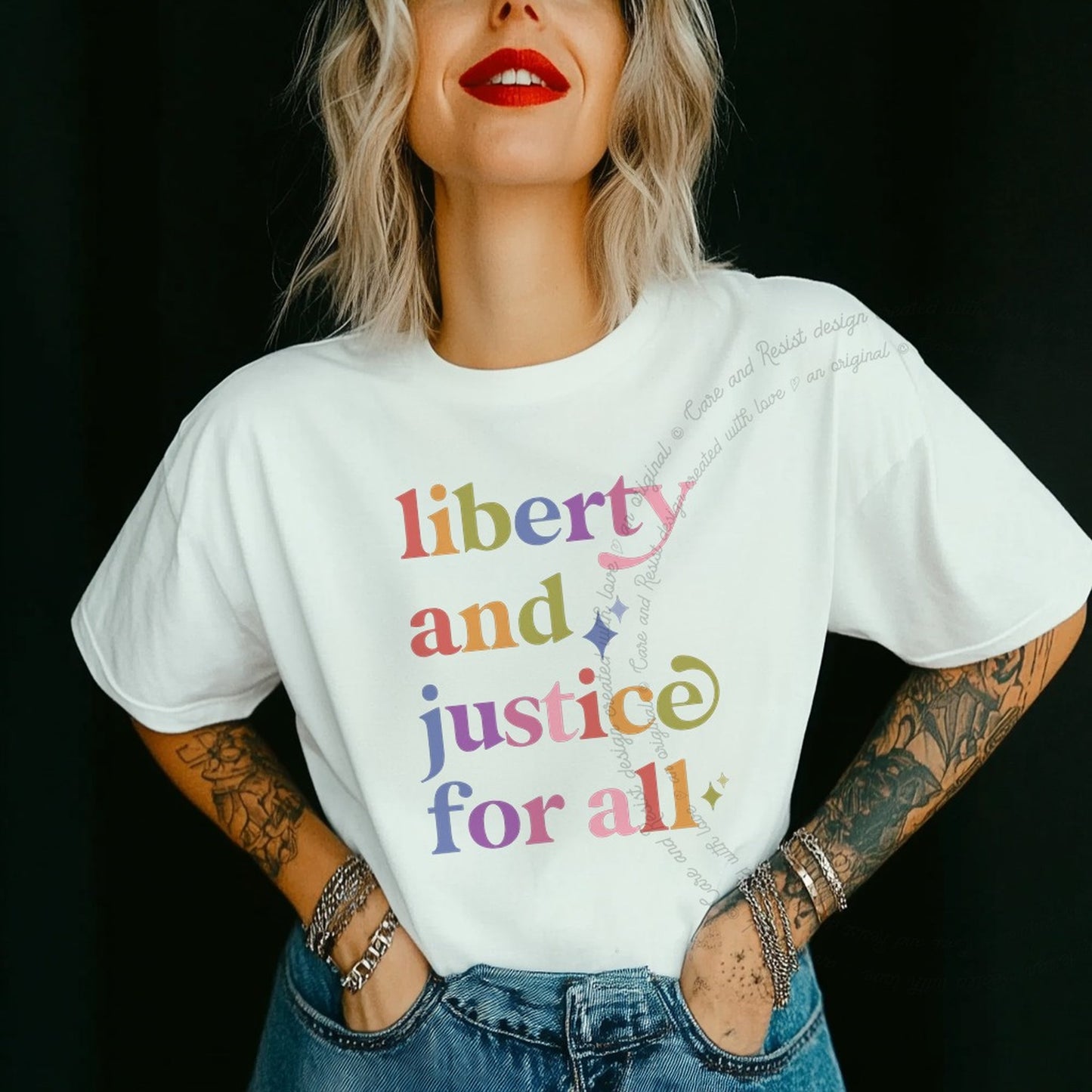 Liberty and Justice for All Care & Resist rainbow Comfort Colors tee, White