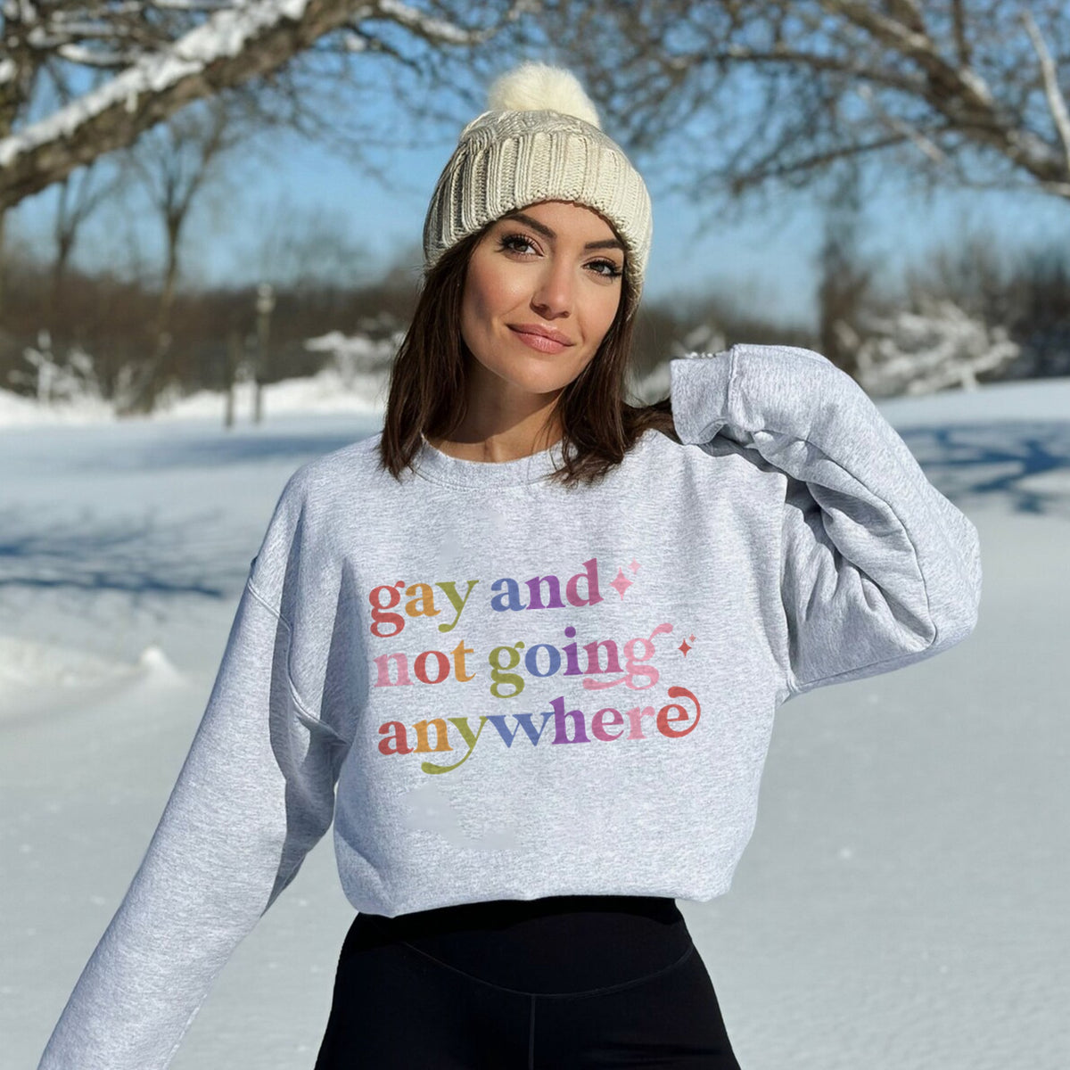 Gay and not Going Anywhere Care & Resist Gildan crewneck sweatshirt in Sport Grey