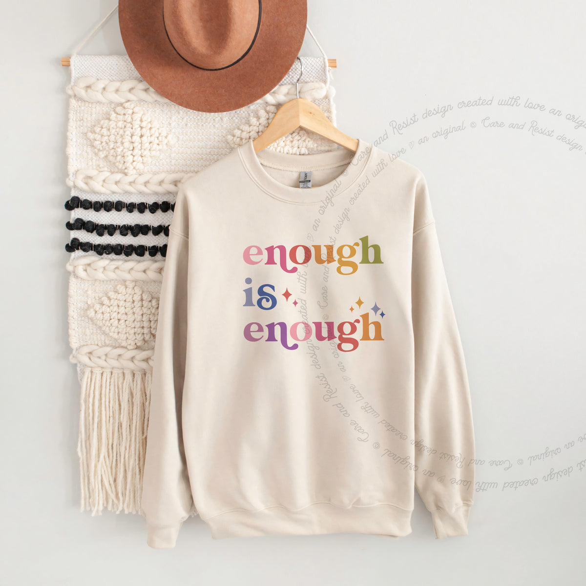 Enough Is Enough Care & Resist Gildan crewneck sweatshirt in Sand