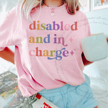 Disabled and in Charge Care & Resist rainbow tee