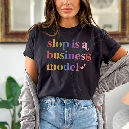 Slop is a Business Model Care & Resist rainbow Comfort Colors tee, Black