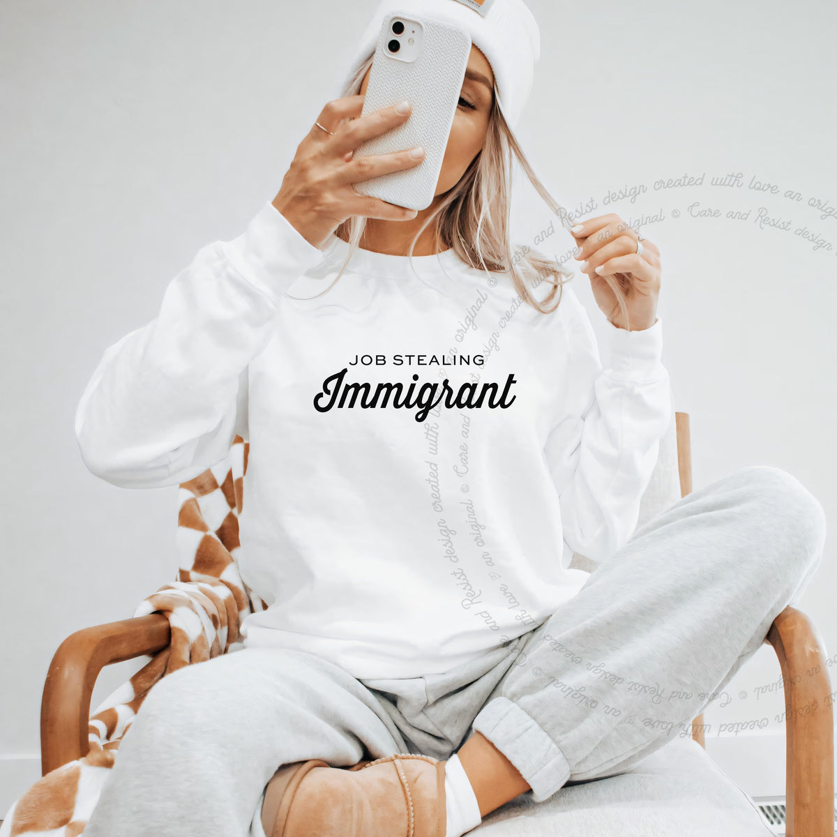 Job Stealing Immigrant Care & Resist Gildan crewneck sweatshirt in White