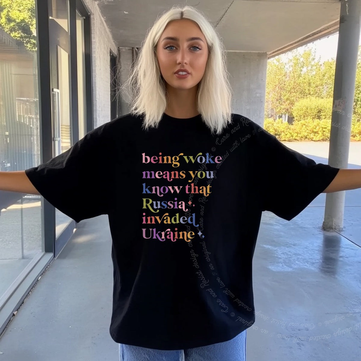 Being Woke Means You Know That Russia Invaded Ukraine Care & Resist progressive t-shirt in Black