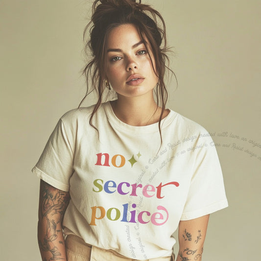 No Secret Police Care & Resist rainbow Comfort Colors tee, Ivory