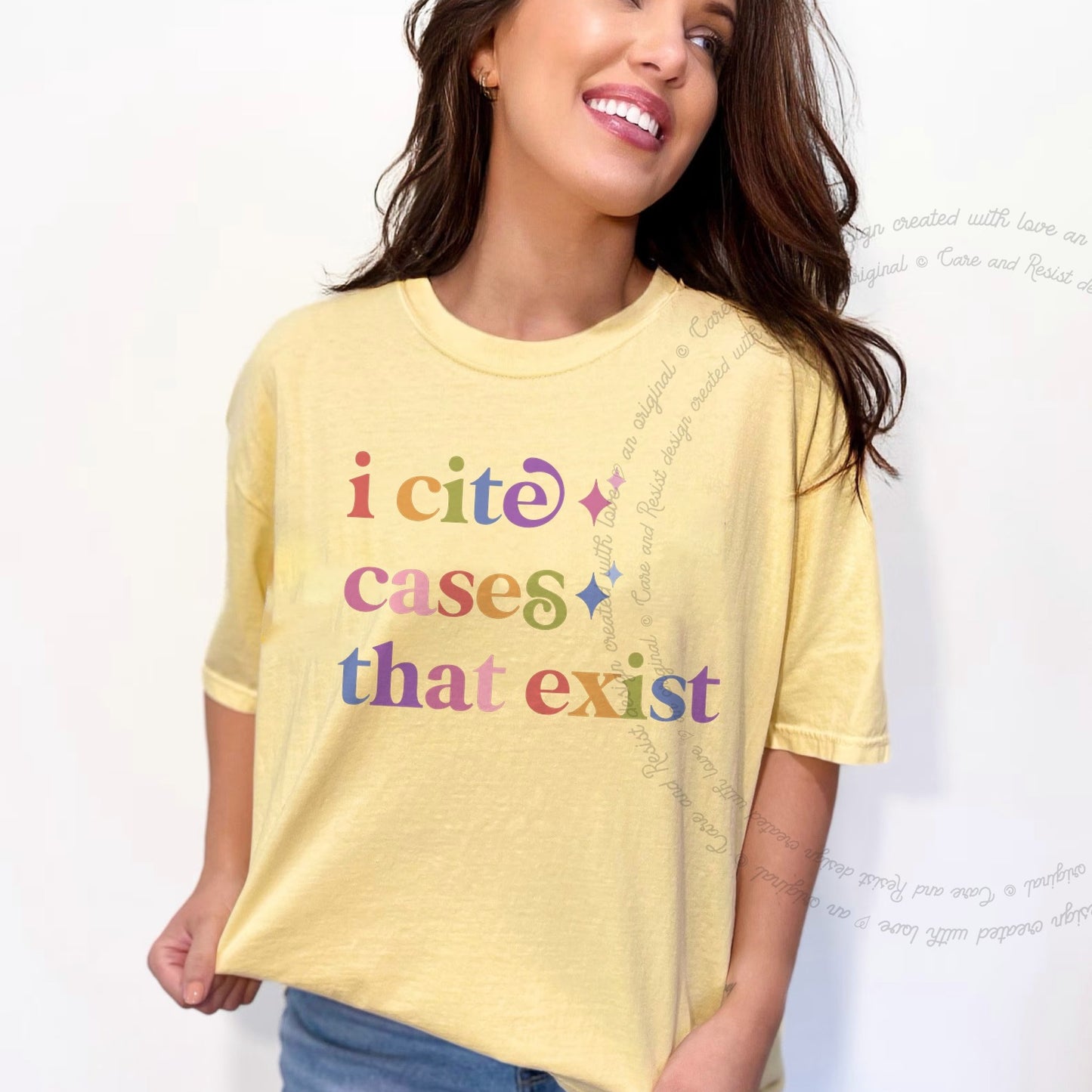 I Cite Cases That Exist Care & Resist rainbow Comfort Colors tee, Banana