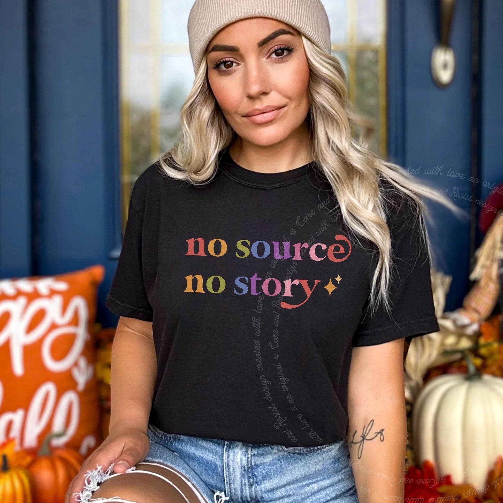 No Source No Story Care & Resist rainbow Comfort Colors tee, Black