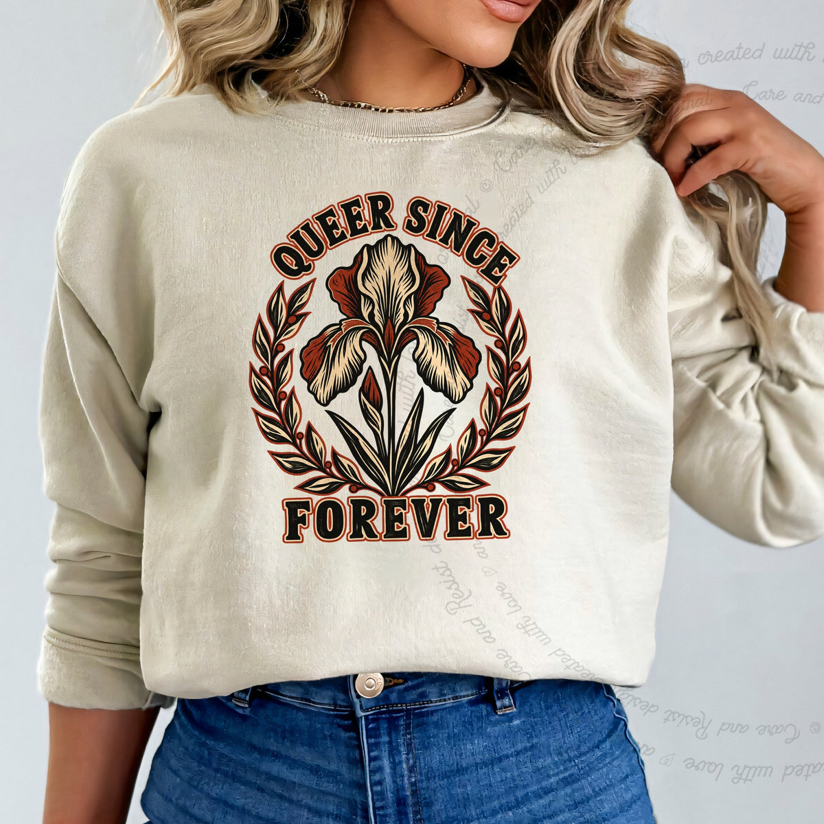 Queer Since Forever Iris Linocut Care & Resist Gildan crewneck sweatshirt in Sand