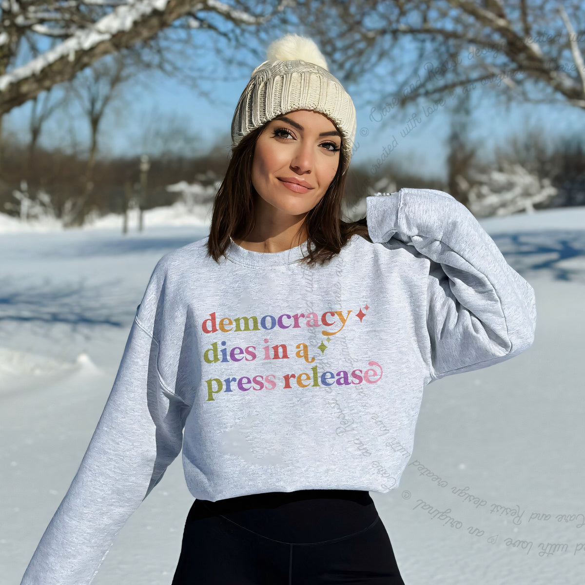 Democracy Dies in a Press Release Care & Resist Gildan crewneck sweatshirt in Sport Grey