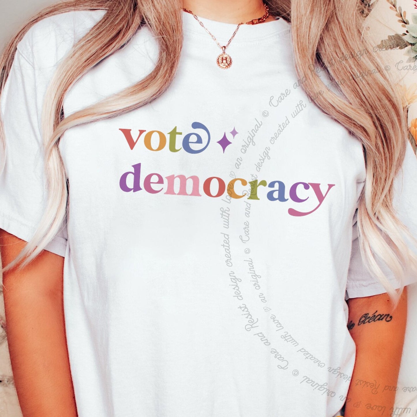 Vote Democracy Care & Resist rainbow Comfort Colors tee, White