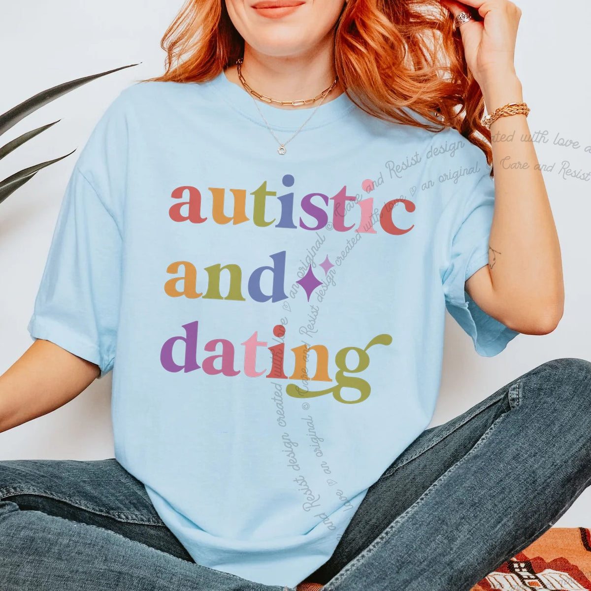 Autistic and Dating Care & Resist progressive t-shirt in Chambray