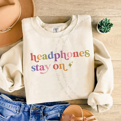 Headphones Stay on Care & Resist Gildan crewneck sweatshirt in Sand