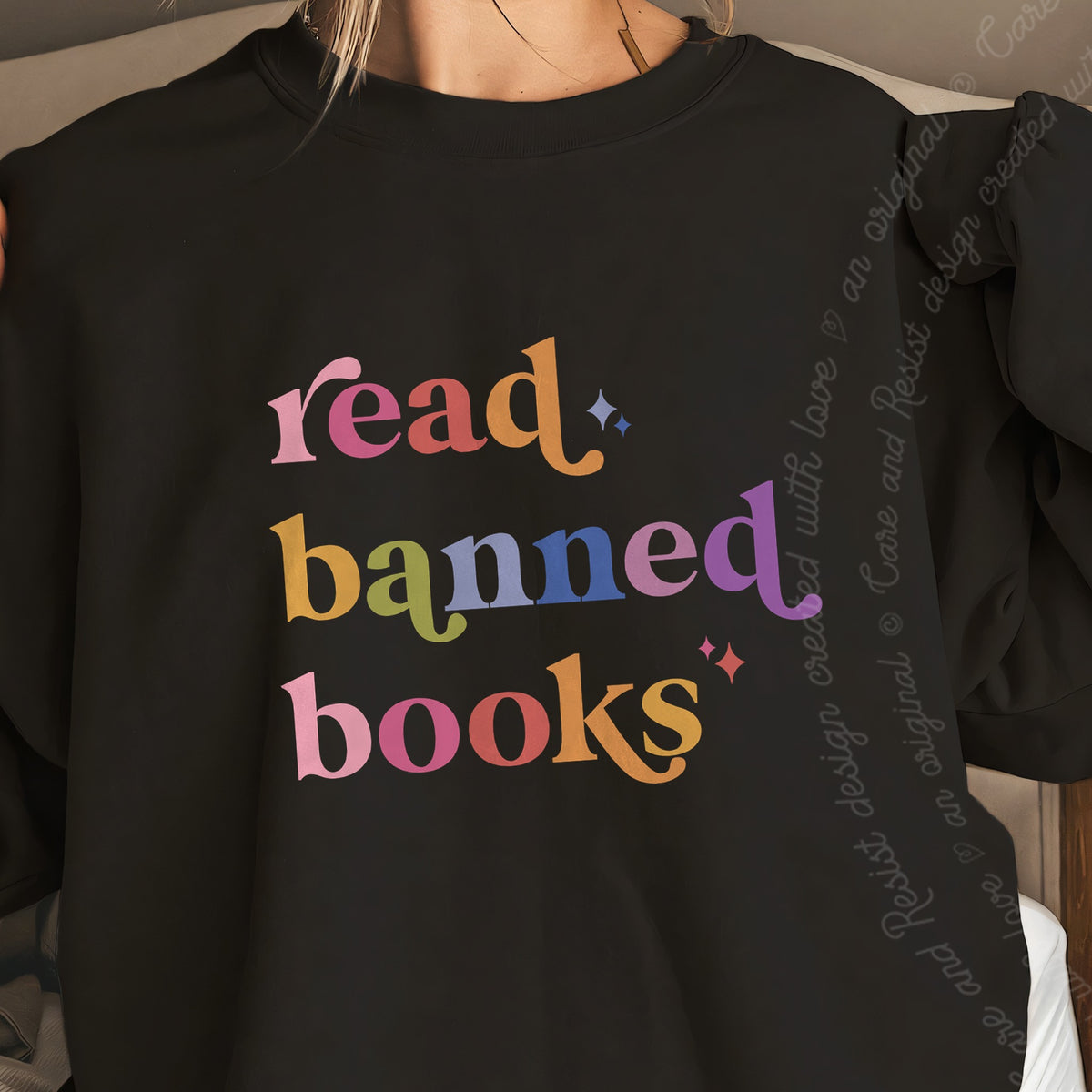 Read Banned Books Care & Resist Gildan crewneck sweatshirt in Black