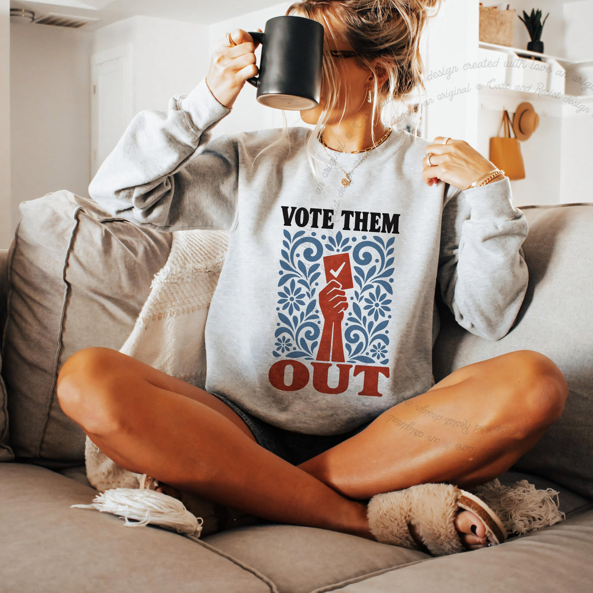 Vote Them Out Folk Ballot Care & Resist Gildan crewneck sweatshirt in Sport Grey