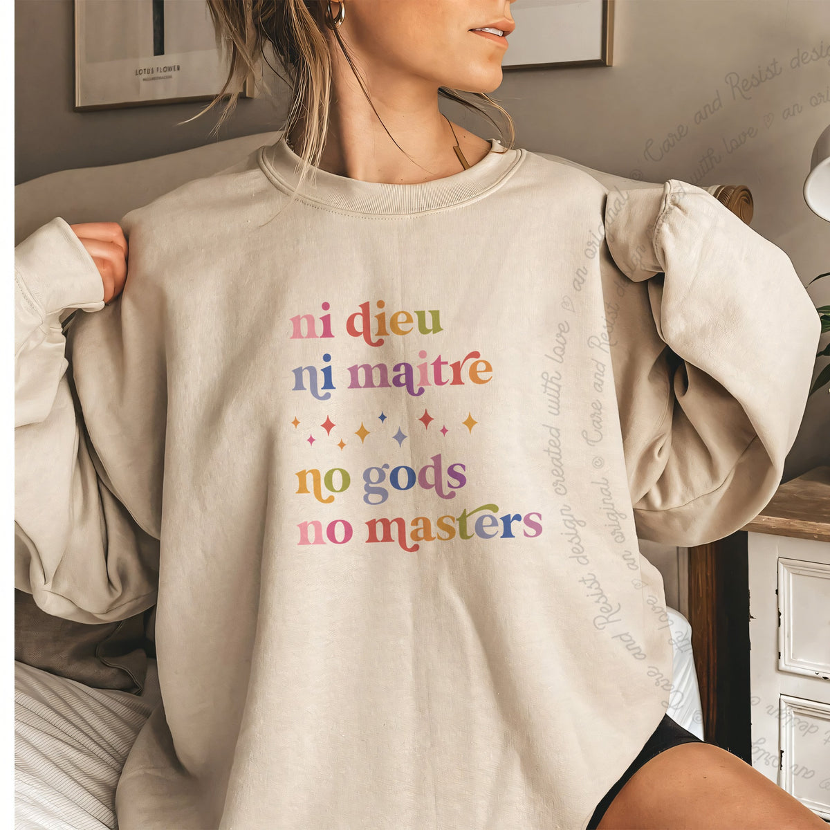 Ni Dieu Ni Maitre No Gods No Masters Care & Resist Gildan crewneck sweatshirt in Sand