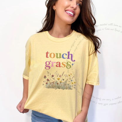Touch Grass Care & Resist rainbow Comfort Colors tee, Banana