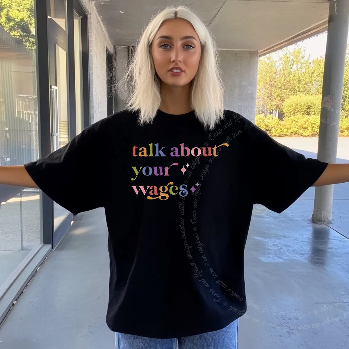 Talk About Your Wages Care & Resist rainbow tee