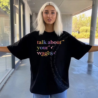 Talk About Your Wages Care & Resist rainbow tee