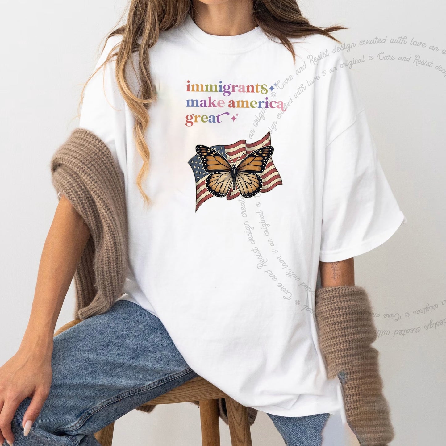 Immigrants Make America Great Care & Resist rainbow Comfort Colors tee, White