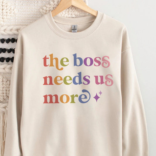 The Boss Needs Us More Care & Resist Gildan crewneck sweatshirt in Sand
