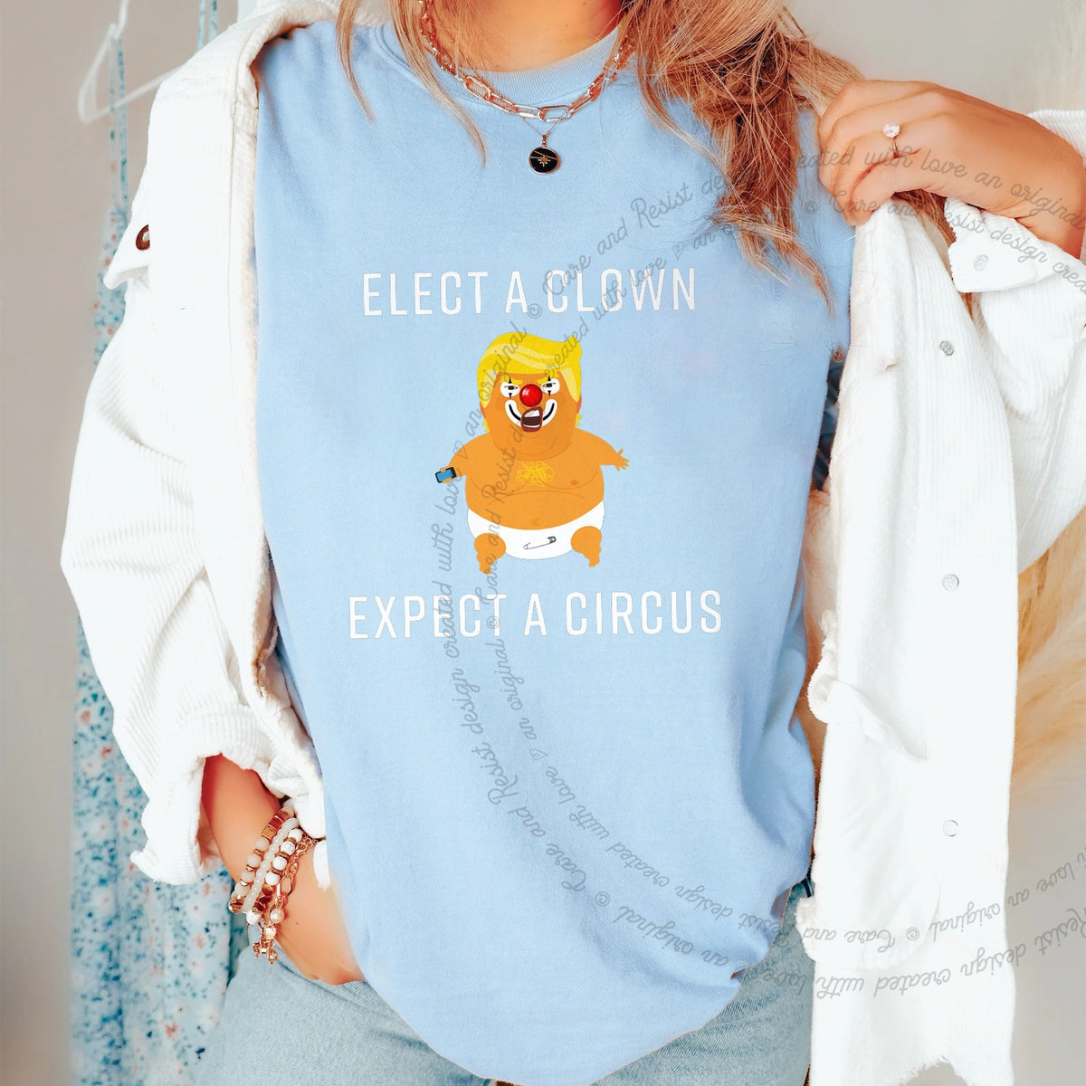 Elect a Clown Expect a Circus Trump Care & Resist progressive t-shirt in Chambray