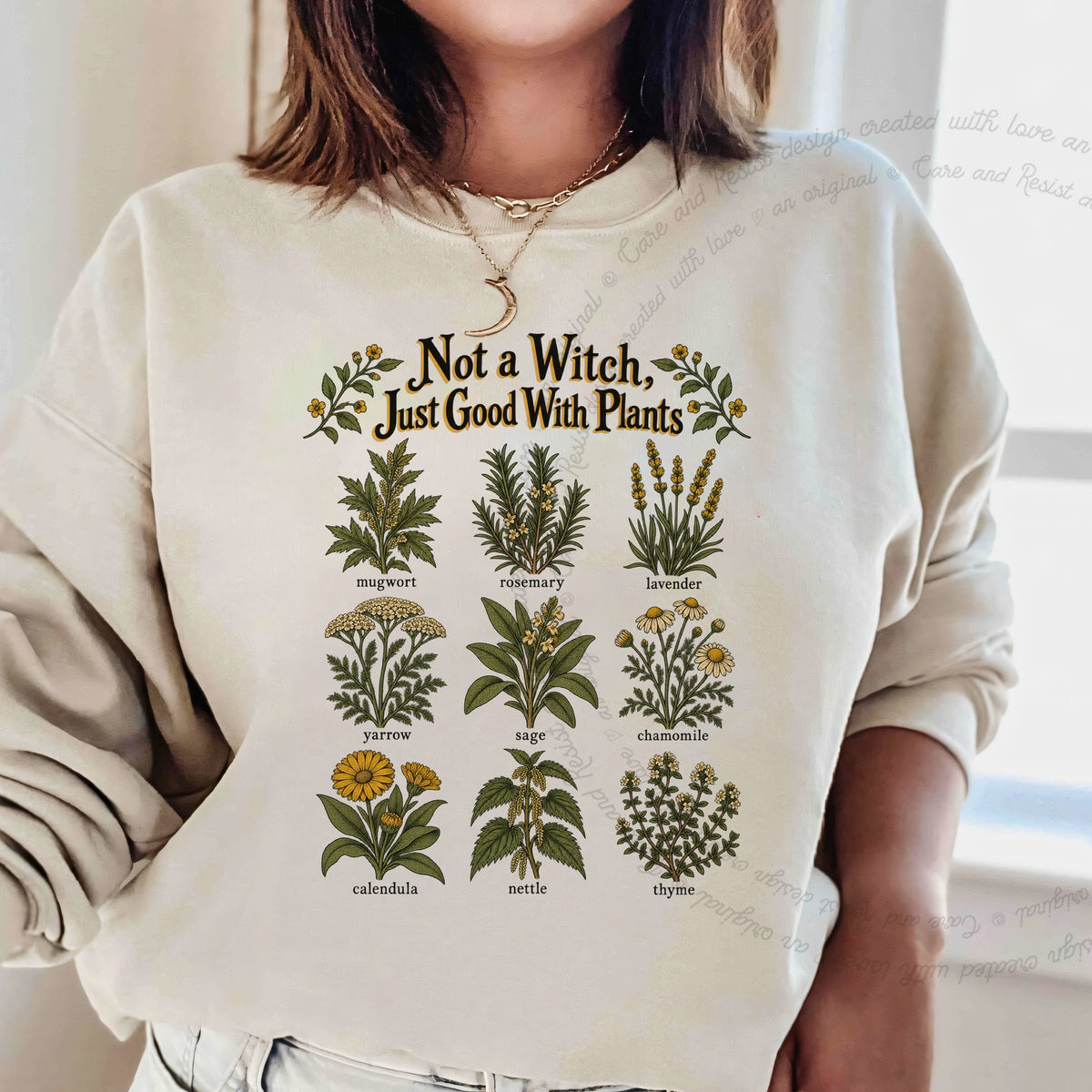 Not a Witch Just Good With Plants Care & Resist Gildan crewneck sweatshirt in Sand