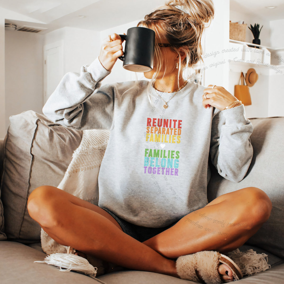 Reunite Separated Families, Families Belong Together Care & Resist Gildan crewneck sweatshirt in Sport Grey