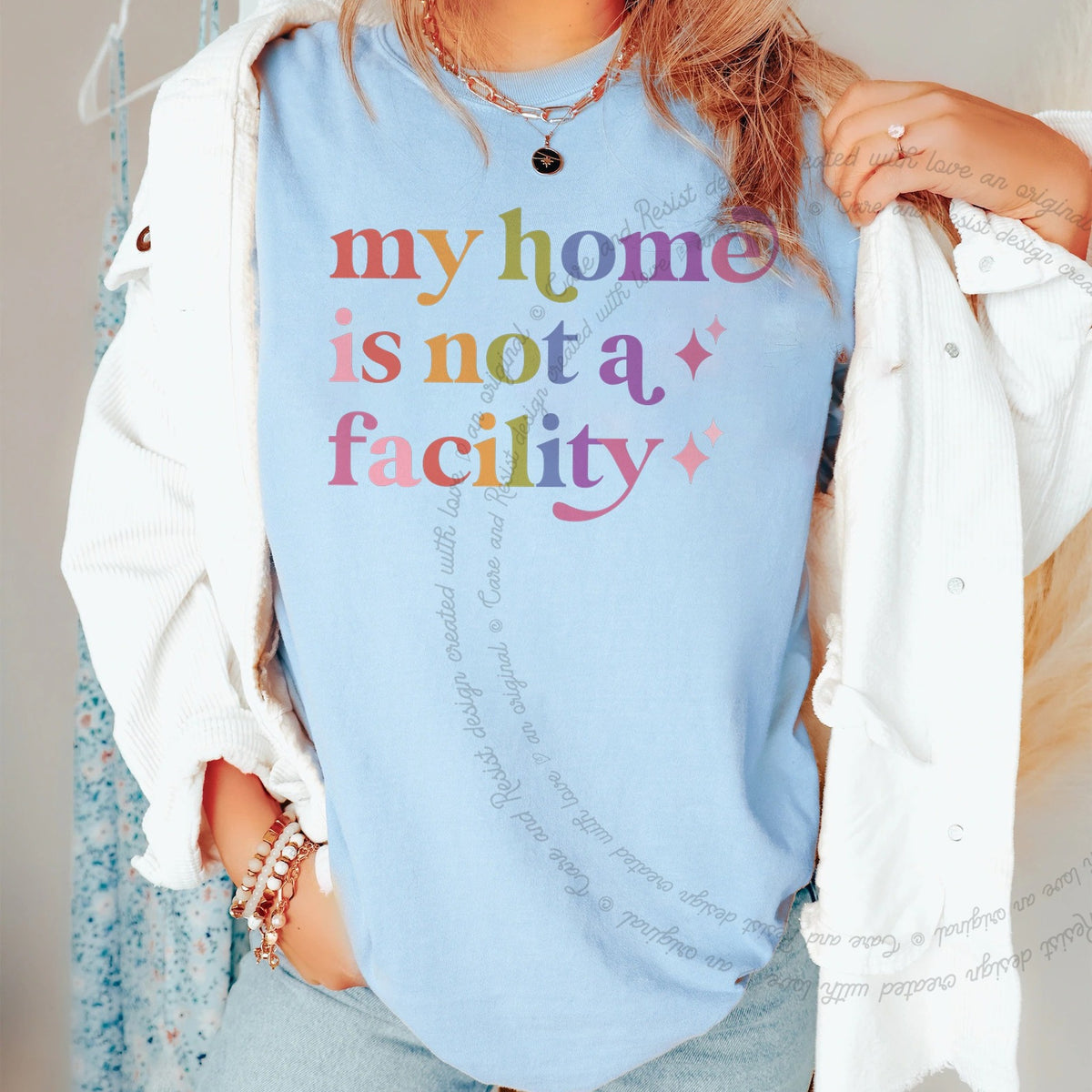 My Home is not a Facility Care & Resist tee in Chambray