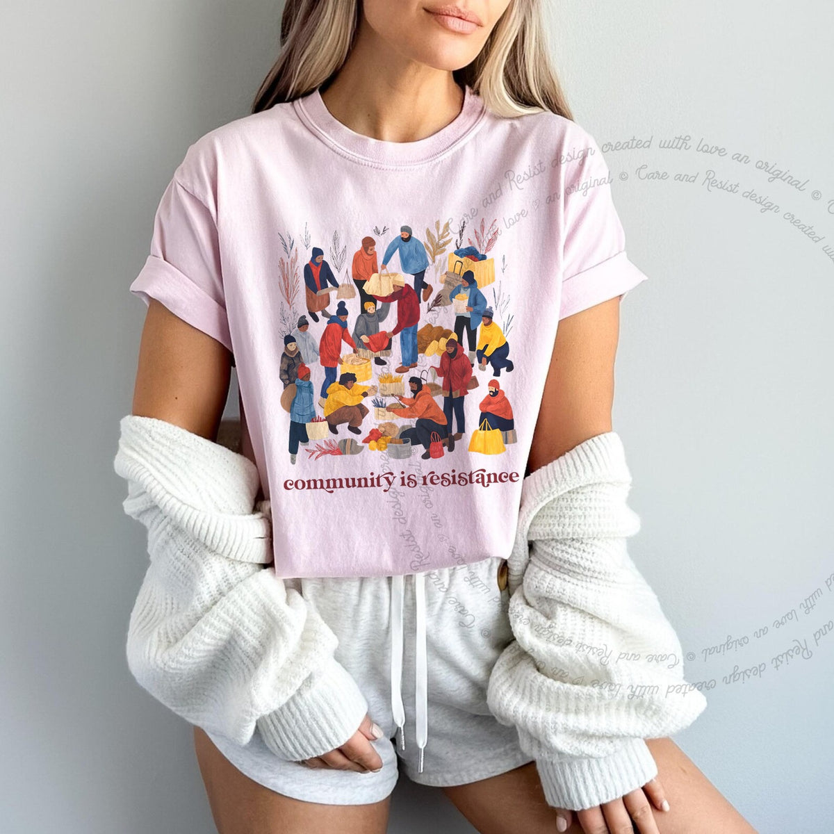Community Is Resistance Harvest Care & Resist progressive t-shirt in Blossom