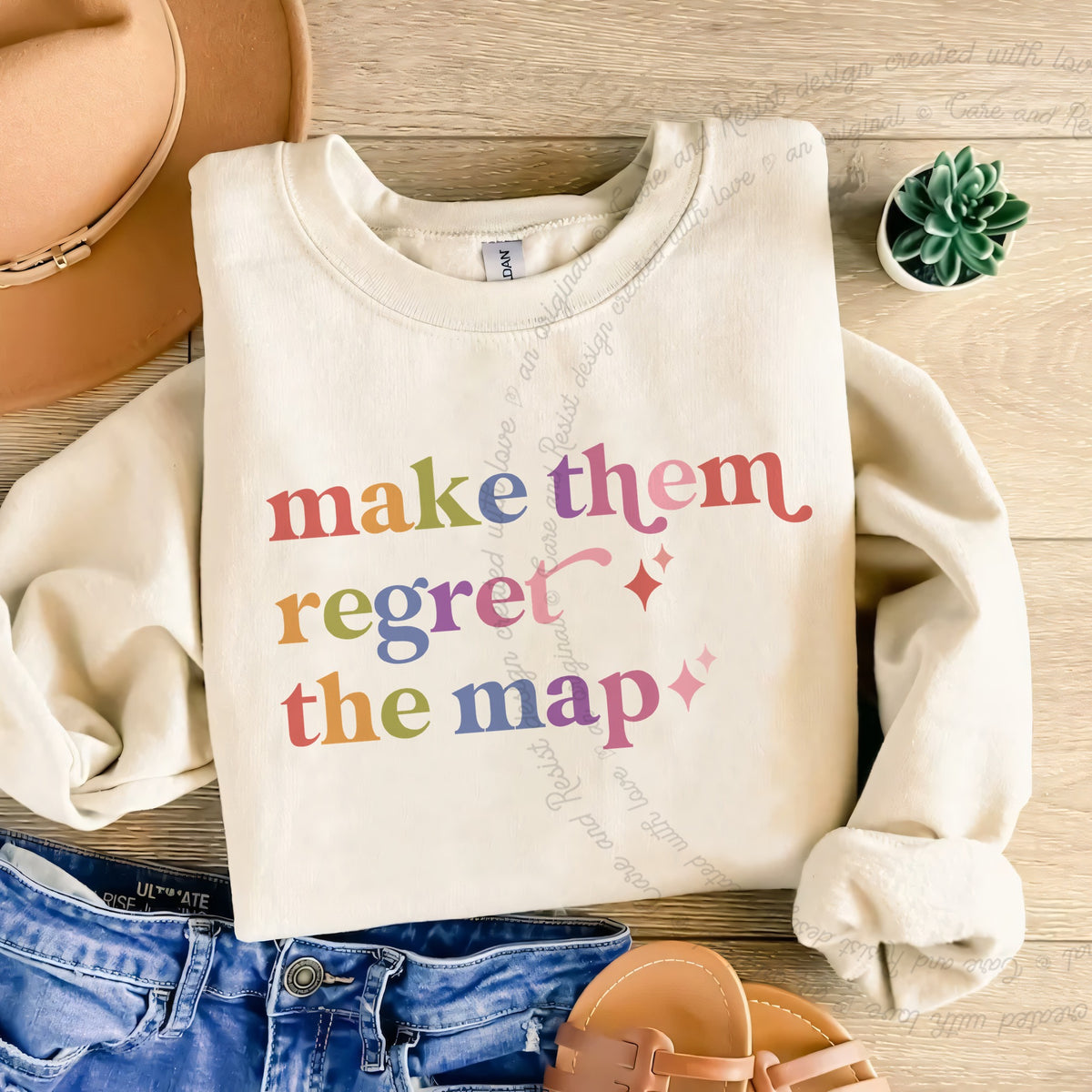 Make Them Regret the Map Care & Resist Gildan crewneck sweatshirt in Sand
