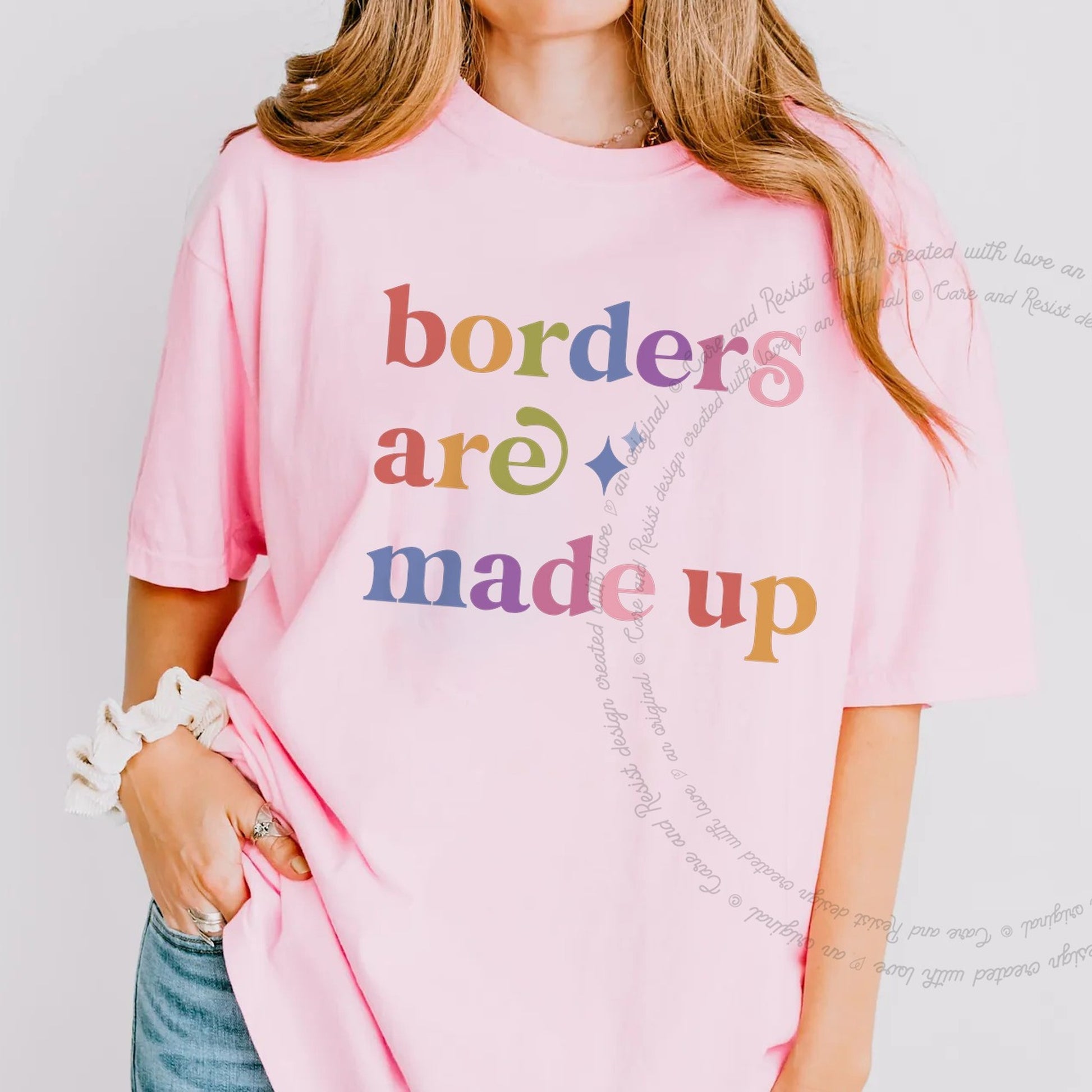 Borders are Made Up Care & Resist rainbow Comfort Colors tee, Blossom