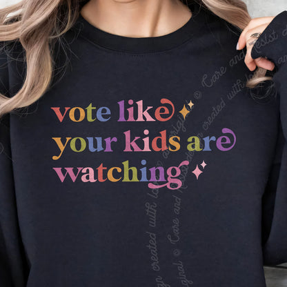 Vote Like Your Kids are Watching Care & Resist Gildan crewneck sweatshirt in Black