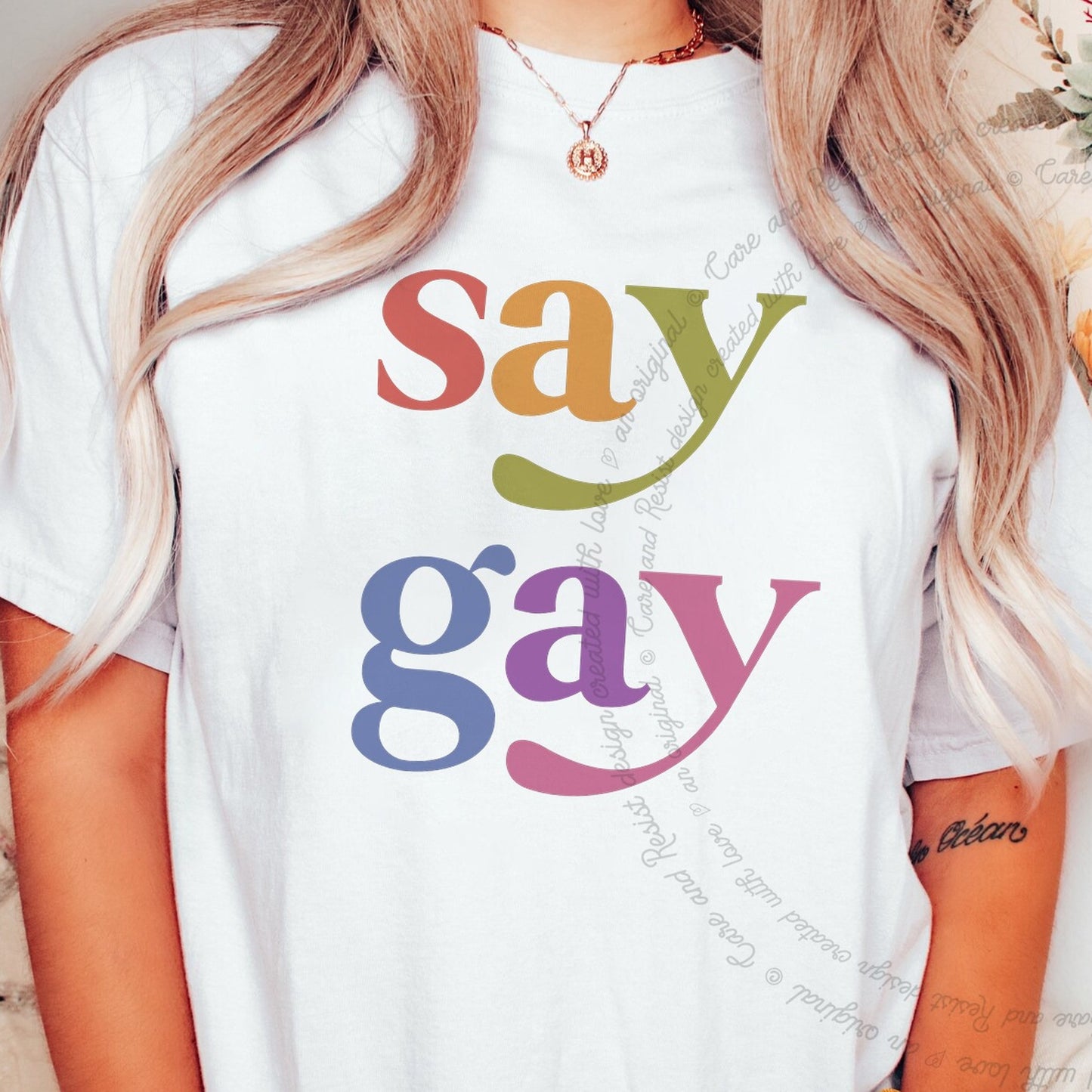 Say Gay Care & Resist rainbow Comfort Colors tee, White