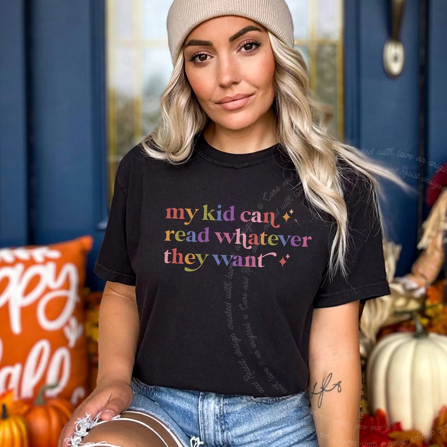 My Kid Can Read Whatever They Want Care & Resist rainbow tee